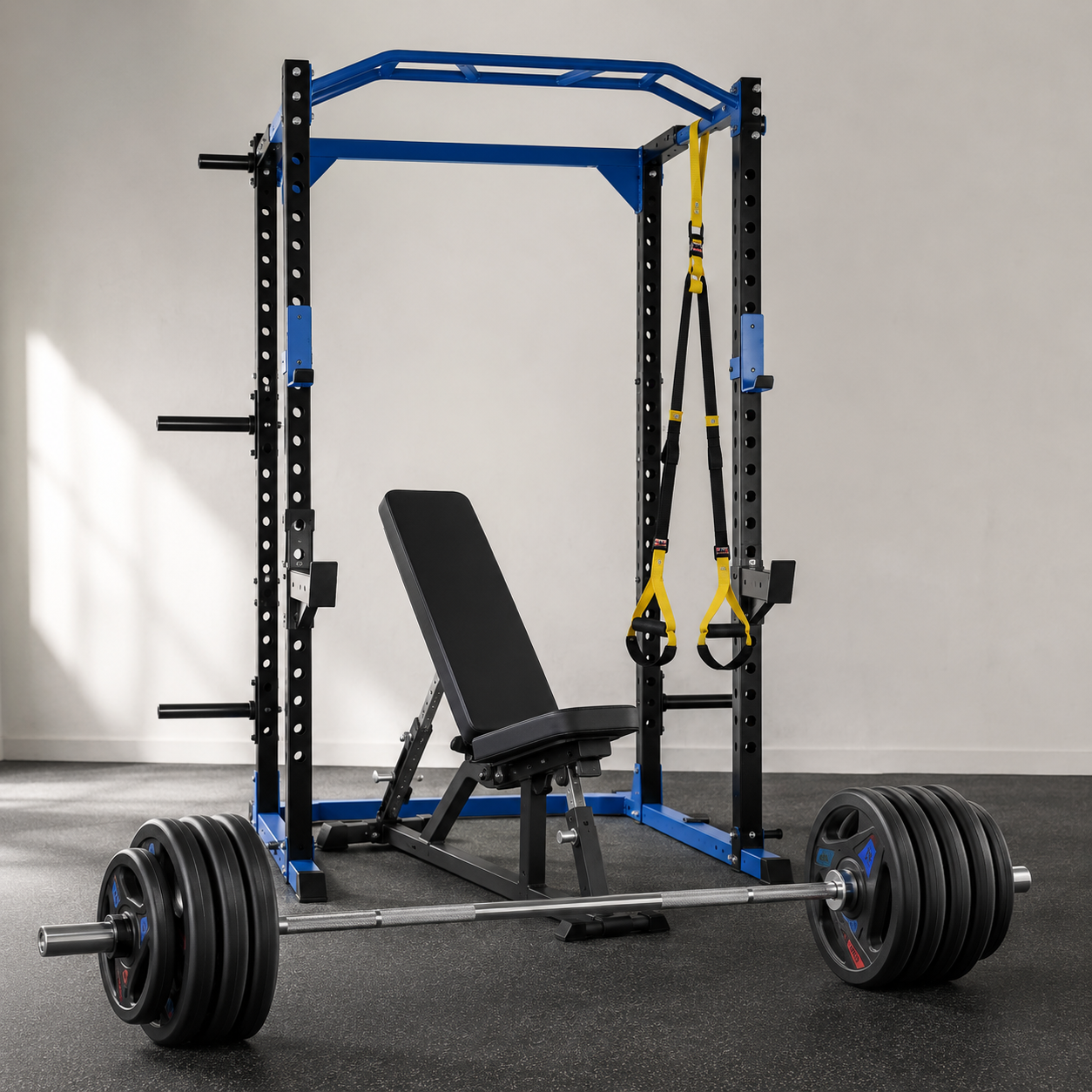 Set All-In-One – Rack + Panca + Bilanciere Olimpico + 125 KG Trigrip Set All-In-One – Rack + Panca + Bilanciere Olimpico + 125 KG Trigrip - immagine 1